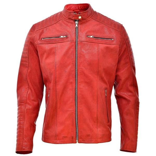 【並行輸入品】Men's Red Cafe Racer Biker Jacket, Genuine ...