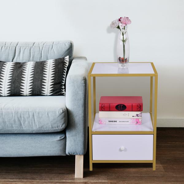 【並行輸入品】RAAMZO 2段 ホワイト仕上げ ナイトスタンド サイドテーブル 引き出し付き 高さ...