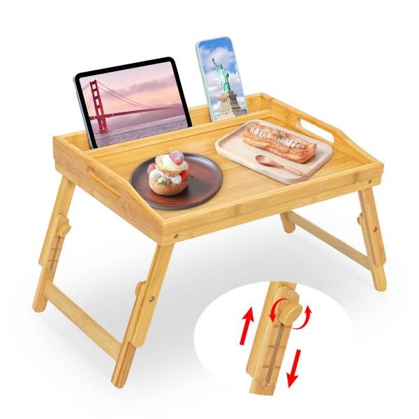 ベッドトレイテーブル 食事用 竹製ブレックファストフードテーブル 携帯電話タブレットホルダー付き 高...