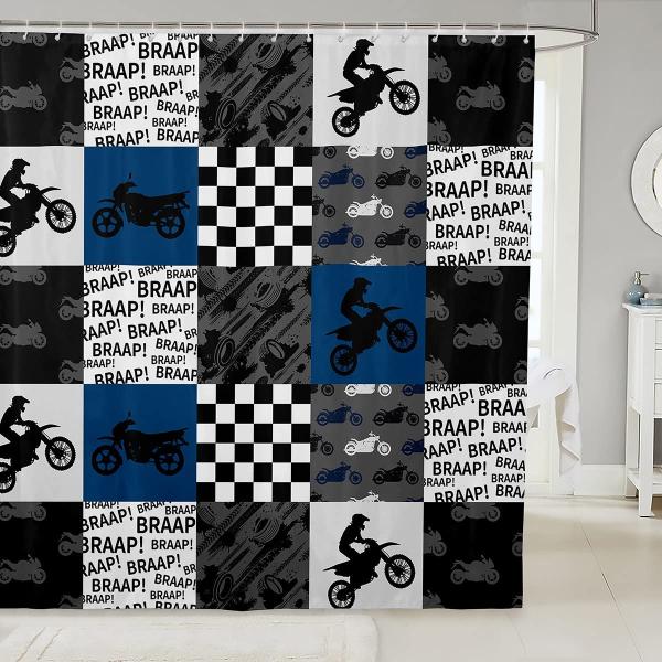 Dirt Bike Shower Curtain Black Grey Blue Motocross...