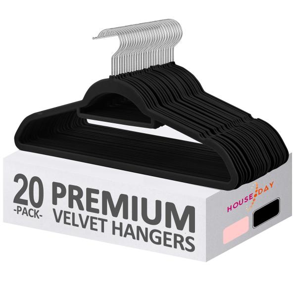 HOUSE DAY Velvet Hangers with Tie Bar 20 Pack Blac...
