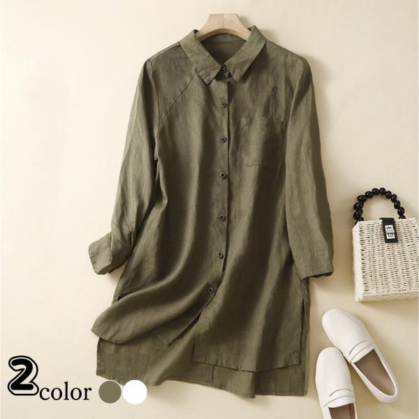 リネンシャツ レディース シャツ 長袖 ワンピース トップス 柔らかい 薄手 ロング丈