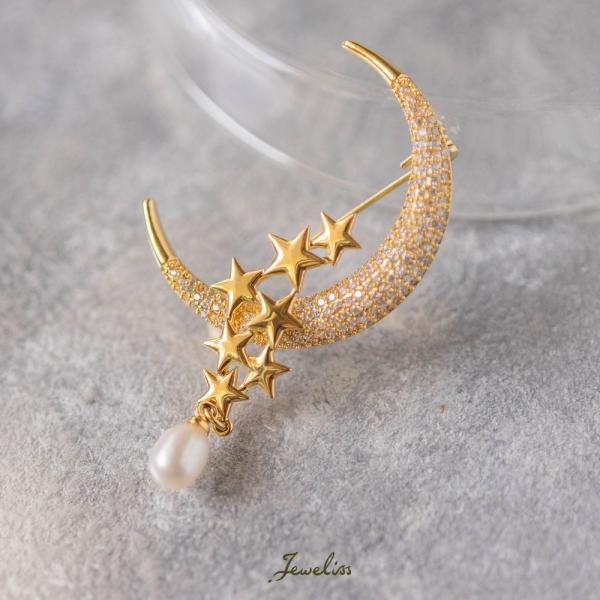 Jeweliss ブローチ Majore マジョレ 月と星 淡水パールの雫 スター ムーン しずく ...