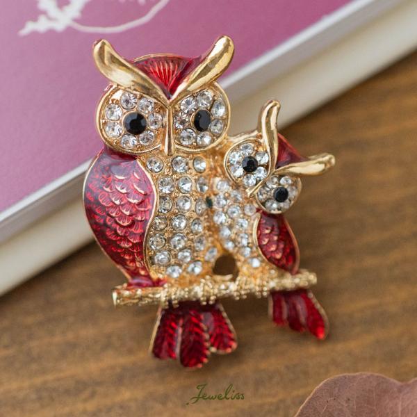 Jeweliss アガットレッド フクロウの親子 クリスタル ブローチ ジュエリス アクセサリー セ...