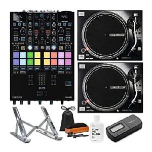 Reloop Elite High Performance DVS Mixer for Serato Bundle with Reloop 7000 MK2 Direct Drive DJ Turntables (Pair), Record Care System, Aluminum Stand,