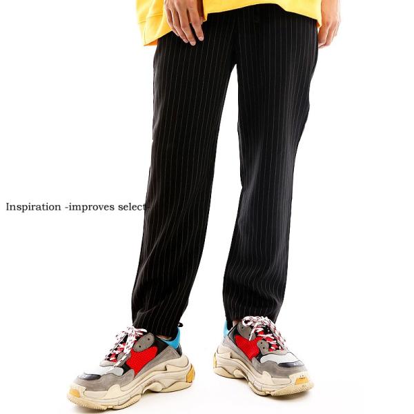 スラックス メンズ ウエストゴム ストライプ 柄 アンクル丈 アンクルパンツ ストリート 韓国ファッ...