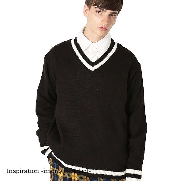 ニット Vネック セーター ライン 黒 白 ビッグサイズ ファッション メンズ 韓国ファッション