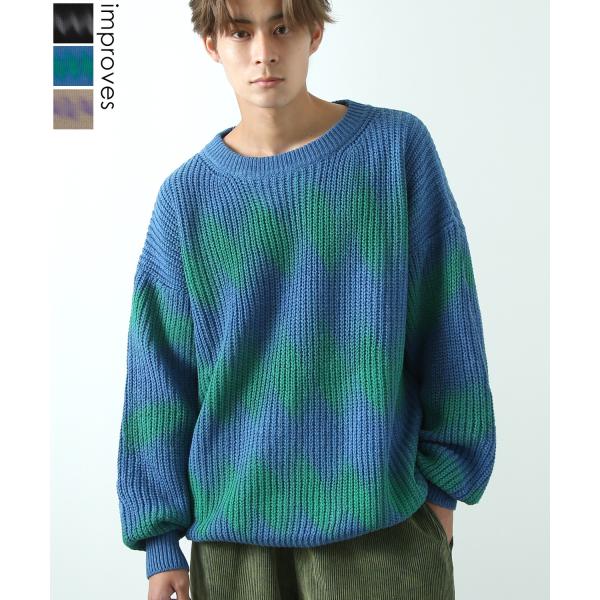 ニットセーター メンズ グラデーション タイダイ ボーダー クルーネック オーバーサイズ ビッグサイ...