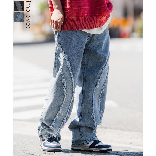 デニムパンツ メンズ フリンジデザイン ジーンズ ワイドパンツ ヴィンテージ ストリート アメカジ ...