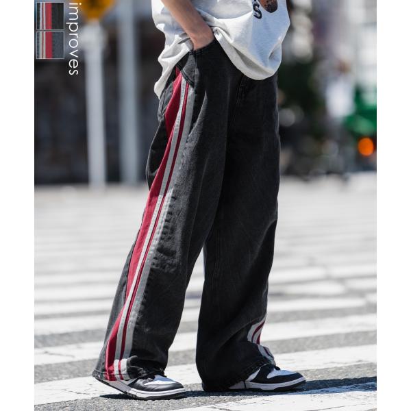 デニムパンツ メンズ サイドラインデザイン ジーンズ ワイドパンツ ヴィンテージ ストリート アメカ...