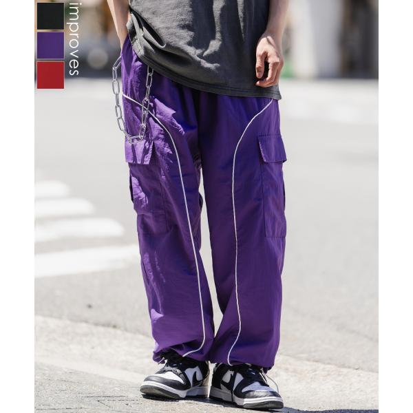 カーゴパンツ メンズ ナイロン ワイドパンツ パイピング トラックパンツ カラーパンツ ストリート ...
