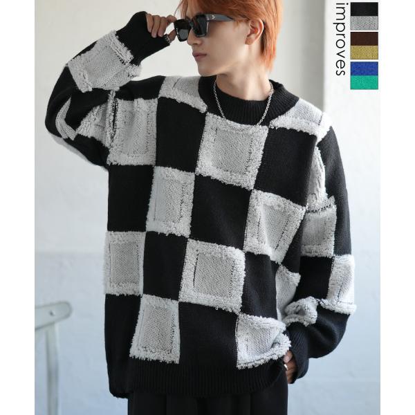 ニットセーター メンズ チェック 市松模様 クルーネック ニット ストリート カジュアル アメカジ ...
