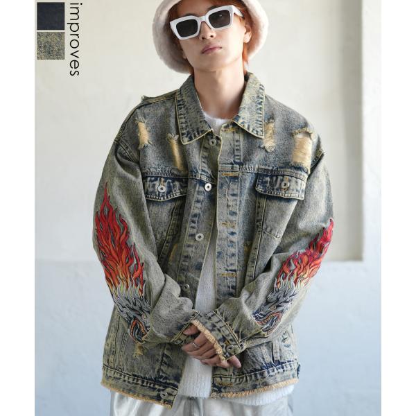 デニムジャケット メンズ ダメージ加工 刺しゅうデザイン Gジャン ジージャン ストリート カジュア...
