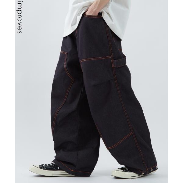 デニムパンツ メンズ ステッチ ルーズフィット Tシャツ アメカジ カジュアル スケーター ストリー...
