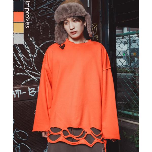 ダメージスウェット メンズ レディース ビッグシルエット ストリート Y2K ロンT カットソー グ...