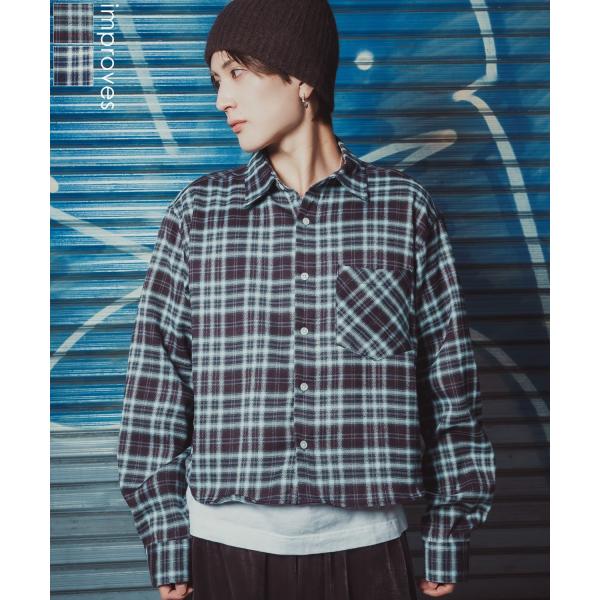 チェックシャツ クロップド丈 メンズ 長袖シャツ グランジファッション ストリート オーバーサイズ ...