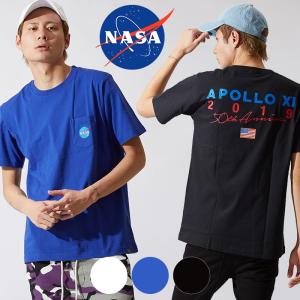 NASA Tシャツ ナサ メンズ 半袖 クルーネック カットソー ポケット 刺繍 ロゴ バック プリント ホワイト ブラック ブルー 白 黒 青