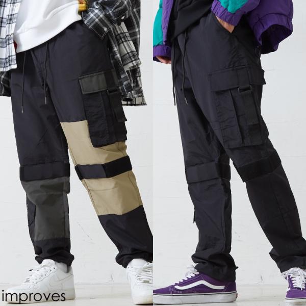 カーゴパンツ メンズ ミリタリー シャカシャカ ナイロンパンツ ワイドパンツ 黒 ストリート系 スト...