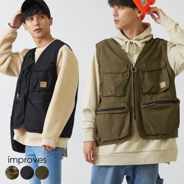 フィッシングベスト メンズ ベスト ミリタリー アウトドア ワーク ジップアップ 黒 迷彩柄 カモフ...