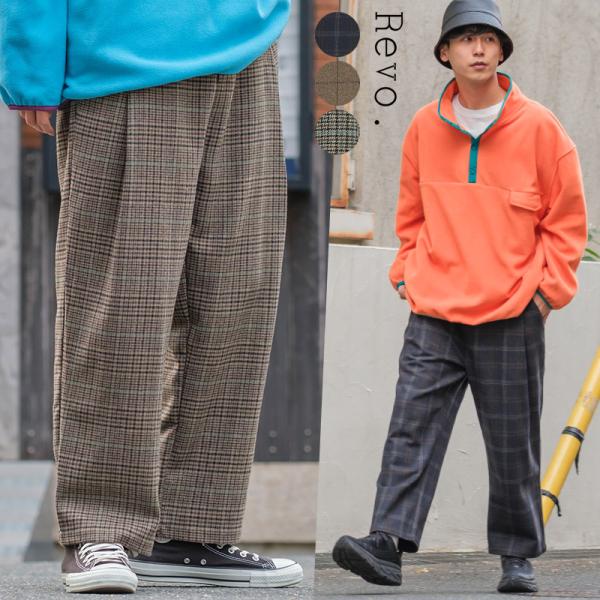 Revo. レヴォ ワイドパンツ メンズ ウールパンツ チェックパンツ 大きいサイズ オーバーサイズ...