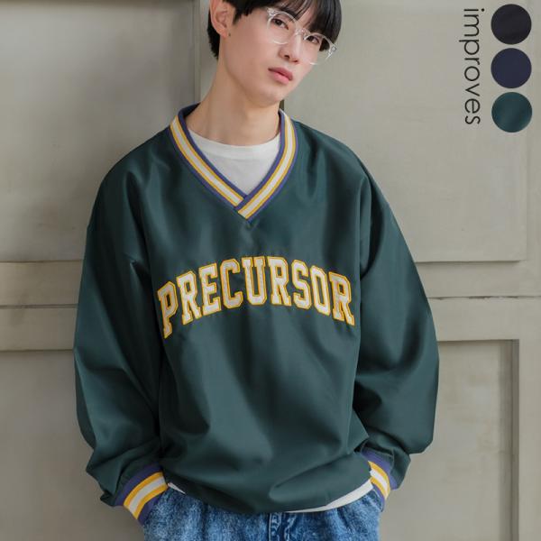 プルオーバー カレッジロゴ 刺繍 Vネック ロンT Tシャツ 長袖 ロングTシャツ メンズ  オーバ...