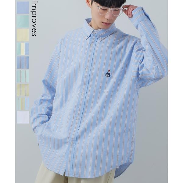 ワンポイント刺しゅう オックスシャツ メンズ 長袖 ストライプ ボタンダウン オーバーシャツ レギュ...
