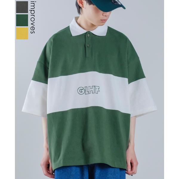切替 ロゴ刺しゅう 半袖 ビッグポロシャツ メンズ ラインデザイン ラガーシャツ オーバーサイズ ビ...