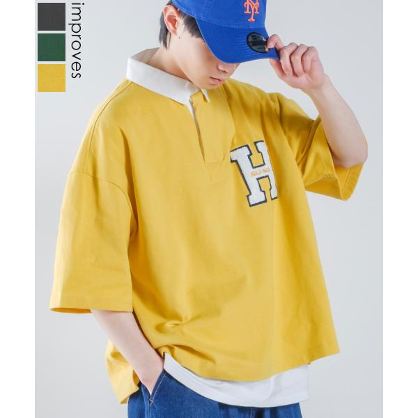 ロゴワッペン 刺しゅう 半袖 ビッグ ラガーシャツ メンズ ラインデザイン ポロシャツ オーバーサイ...