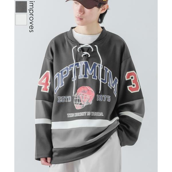 長袖Tシャツ メンズ ロンT ホッケーシャツ ゲームシャツ レースアップ カレッジロゴ プリント ヘ...