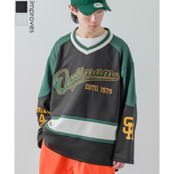 長袖Tシャツ メンズ レディース ロンT ホッケーシャツ ゲームシャツ Vネック ロゴワッペン 袖プ...