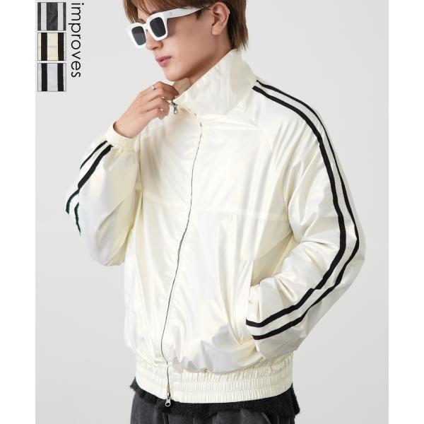 トラックジャケット メンズ シャイニー スタンドカラー ラインジャケット ブルゾン ウィンドブレーカ...