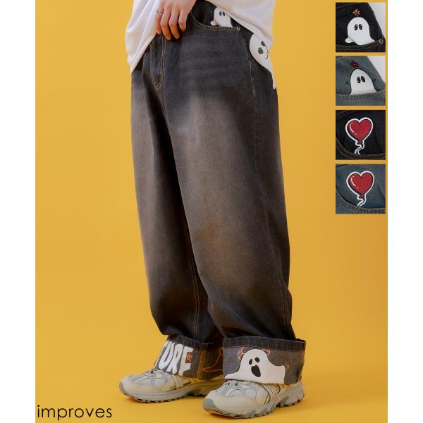 デニムパンツ メンズ レディース プリント使いロールアップデニム パンツワイドパンツ アメカジ カジ...