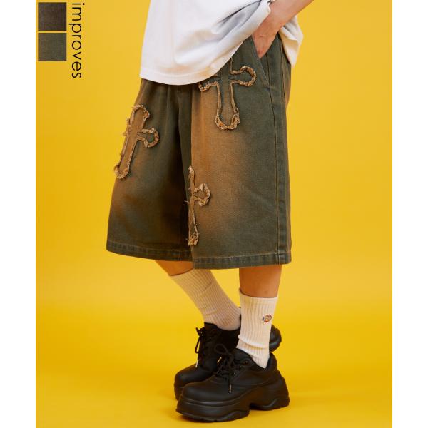 デニムパンツ メンズ クロスパッチ フリンジ ウォッシュ ワイドパンツ ショートパンツ デニム 西海...