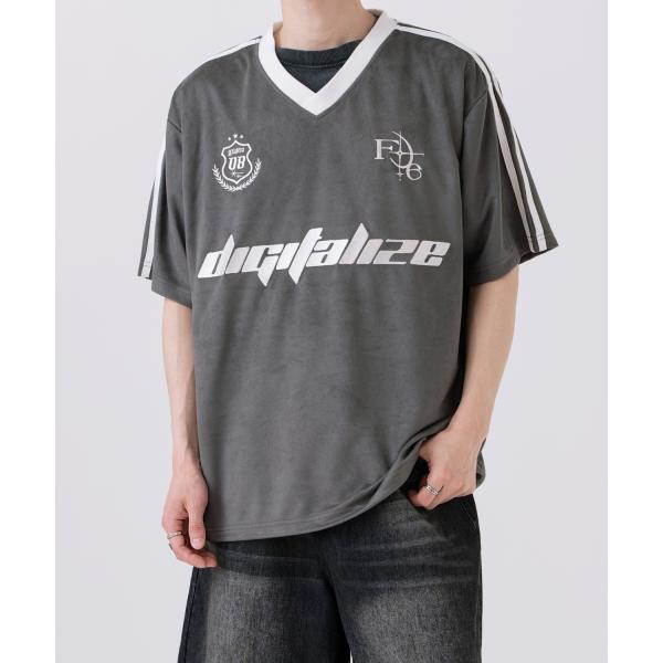 半袖Tシャツ メンズ ライン柄 Vネック ゲームシャツ オーバーサイズ スポーティー カジュアル ス...