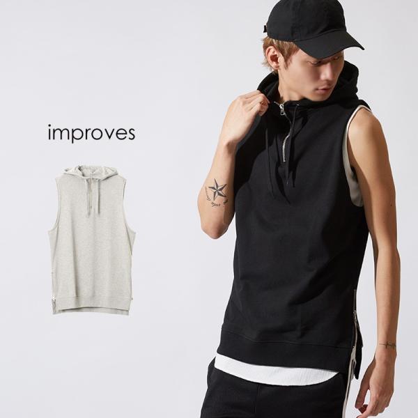 ノースリーブ ハーフジップ パーカー メンズ ビッグパーカー ビッグシルエット プルオーバー スウェ...