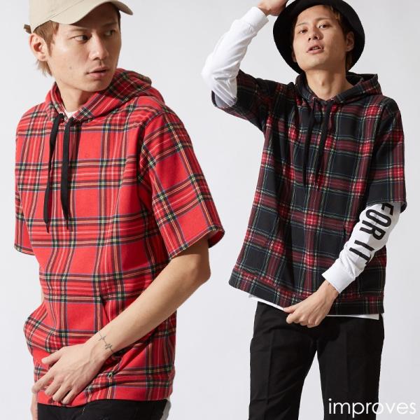 半袖 パーカー メンズ スウェット スエット チェック プルオーバー カットソー トップス ブラック...