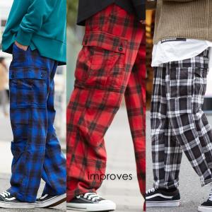 ワイドカーゴパンツ メンズ ワイドパンツ 柄 チェックパンツ チェック パンツ ダンス 赤 チェック柄パンツ ヘビーネル 韓国 Improves Improves インプローブス 通販 Yahoo ショッピング