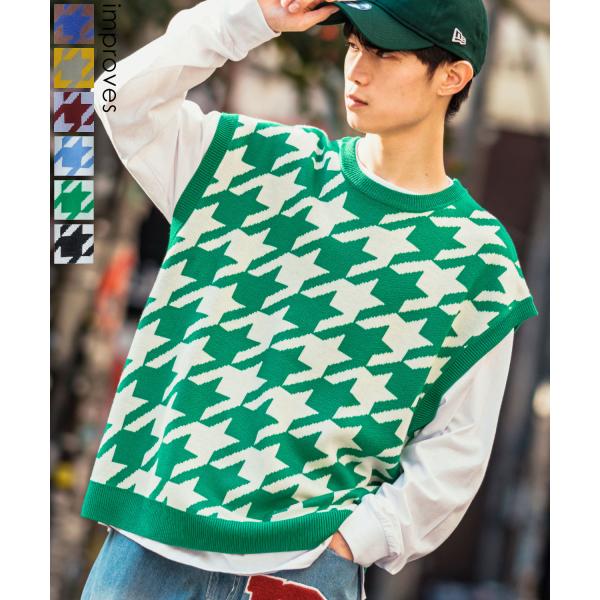 ニットベスト メンズ 千鳥格子 ハウンドトゥース カラーニット オーバーサイズ 大きめ きれいめカジ...