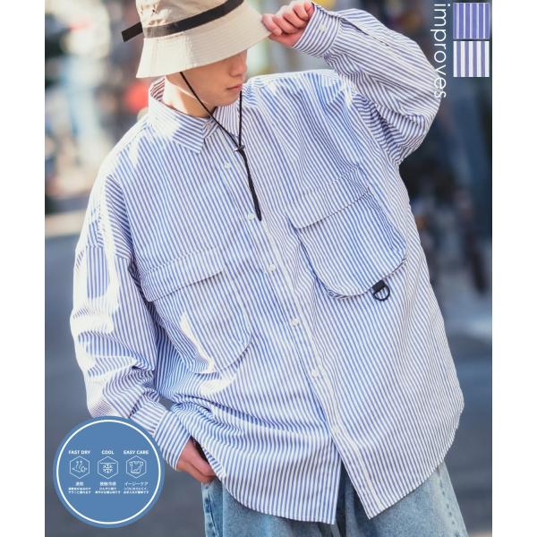 長袖シャツ メンズ NULL ヌル ストライプ ユーティリティー ワーク 速乾 接触冷感 イージーケ...