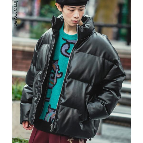 中綿スタンドレザーダウンジャケット メンズ コクーンシルエット 革 大きいサイズ ゆったり ビッグシ...