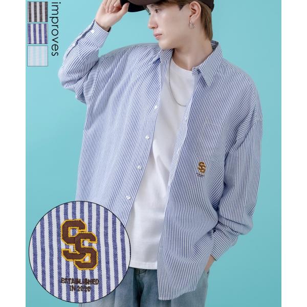 長袖シャツ メンズ サイドウェイスタンス ワンポイント ストライプシャツ 大きめ アメカジ カジュア...