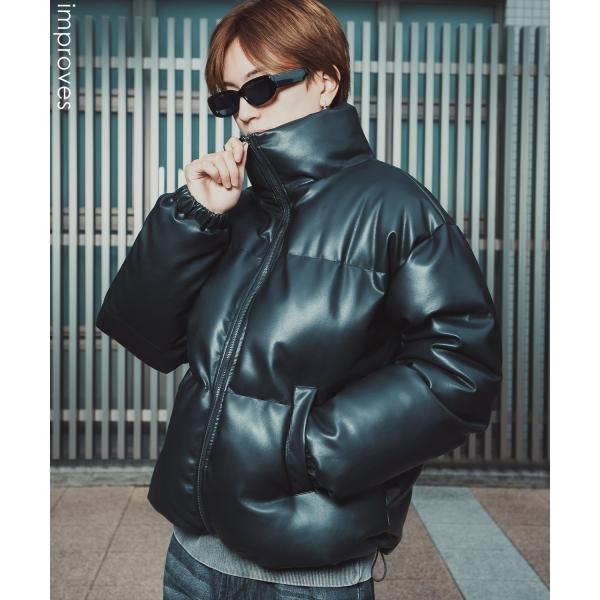 ダウンジャケット メンズ シンセティックレザー PUレザー 合成皮革 中綿 ショートペディン ブルゾ...