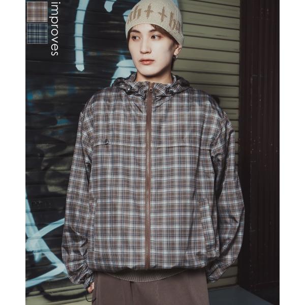 パーカー メンズ チェック柄 ポリ デュスポ フーディージャケット ブルゾン ウィンドブレーカー ア...