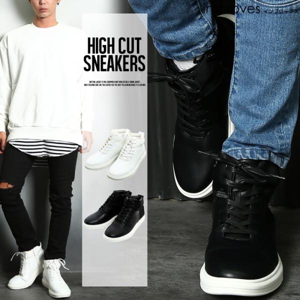 スニーカー メンズ ハイカット 靴 レースアップ レザースニーカー ワークブーツ レザー サイドジッ...