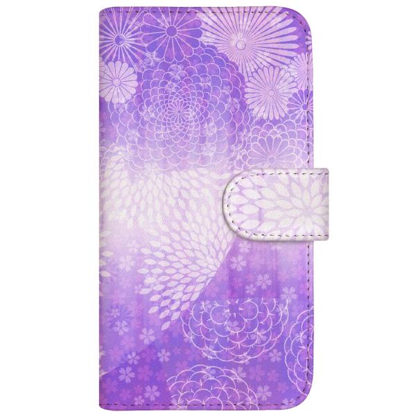 スマホケース 手帳型 全機種対応 厚手 CaseMarket 【 桜吹雪に牡丹 紫 パープル 】iP...