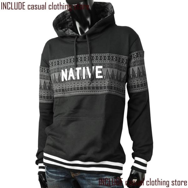 ガーゼ裏毛 プルパーカー ネイティブ柄 トレーナー スウェット 長袖パーカー 長袖 パーカー 黒 M...