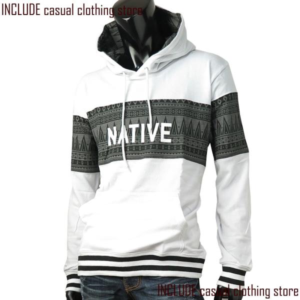 ガーゼ裏毛 プルパーカー ネイティブ柄 トレーナー スウェット 長袖パーカー 長袖 パーカー 白 M...