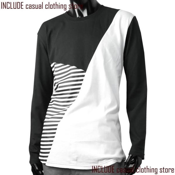 長袖Tシャツ クルーネック ロンＴ 切替 ４パネル ボーダー ジオメ モード黒 M 送料込クリックポ...