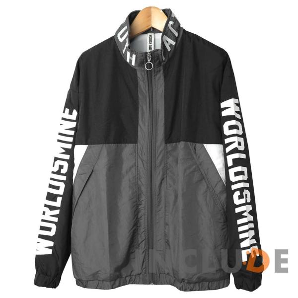 ナイロン スタンドカラー ブルゾン スポーツテイスト 袖ロゴ ストリート シャカシャカ メンズ 黒 ...