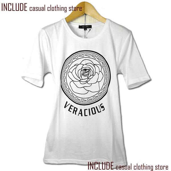 英字 ローズ プリント Uネック 半袖Tシャツ カットソー ストリート メンズ 白 XL 送料込クリ...